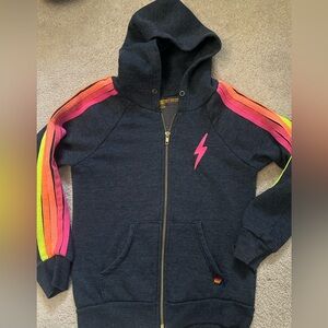 Aviator Nation kids hoodie heathered blue thunderbolt stripes 10 12
